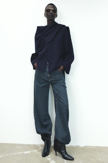 KNITTED COAT WITH SCARF - Dark navy by Zara - Image 0