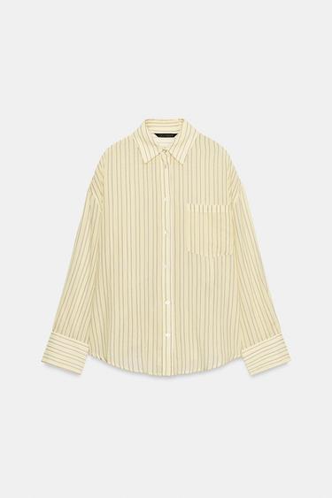 STRIPED OVERSIZE CHIFFON SHIRT WITH POCKET - Yellow by Zara