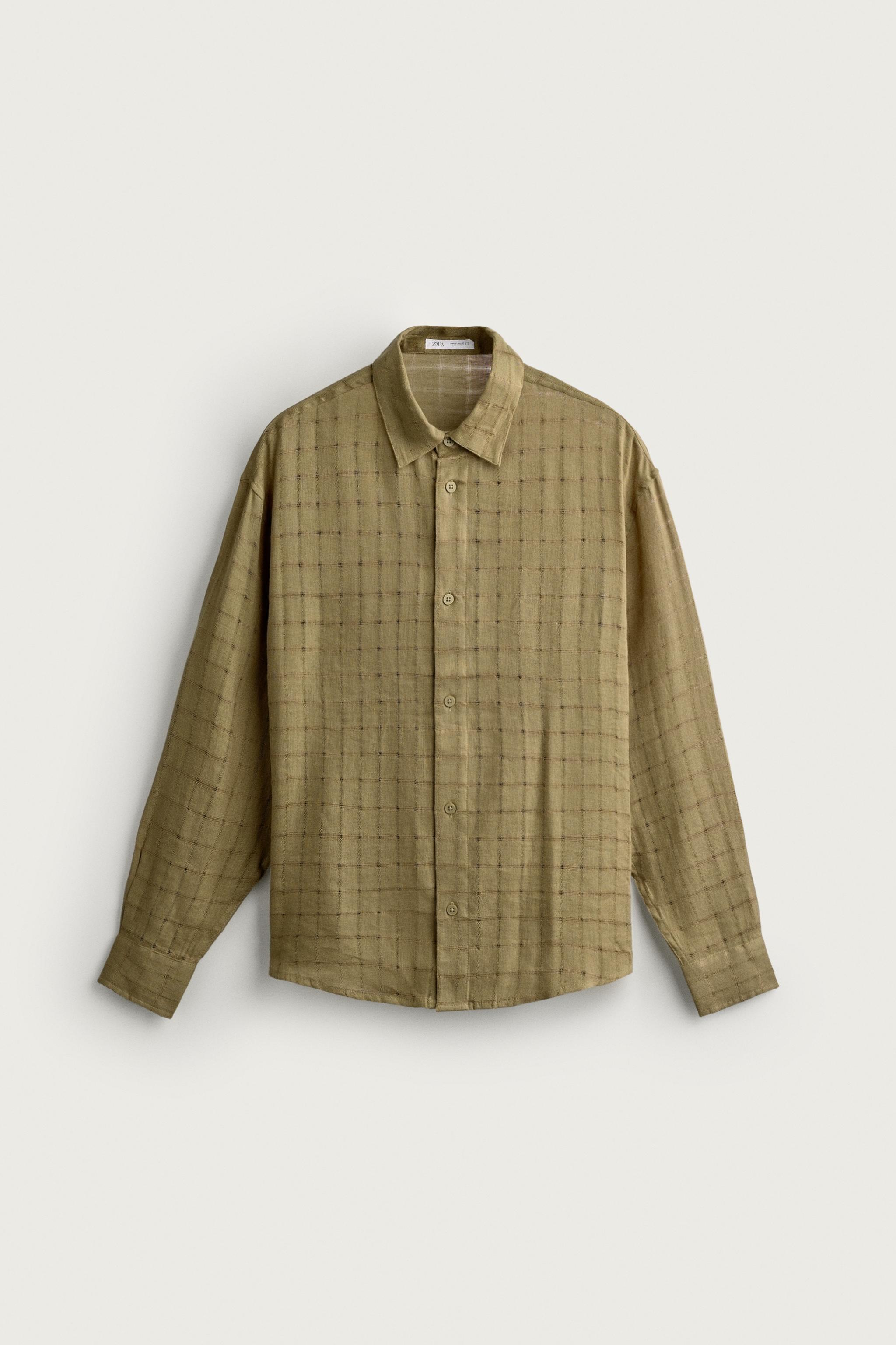RELAXED FIT CHECKED LINEN COTTON JACQUARD SHIRT — Light khaki