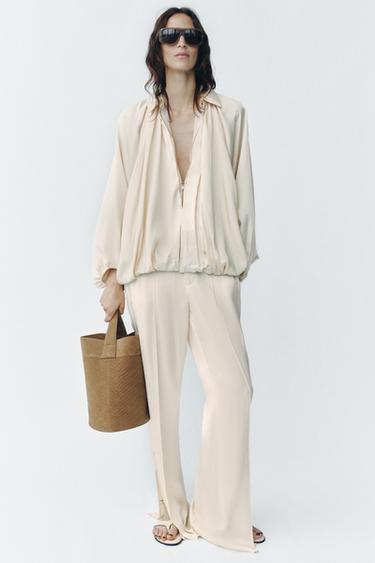 ZW COLLECTION SATIN TROUSERS WITH VENTS - Ivory by Zara