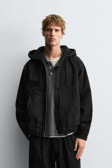 DENIM JACKET WITH FAUX SHEARLING HOODIE - Charcoal by Zara