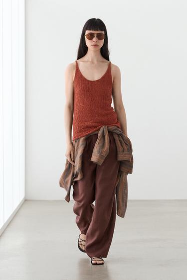 Zara Textured cotton blend strappy top - Brick