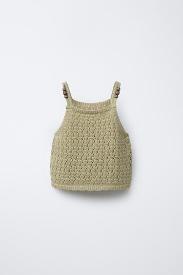 Zara BEADED KNIT TOP - Light khaki