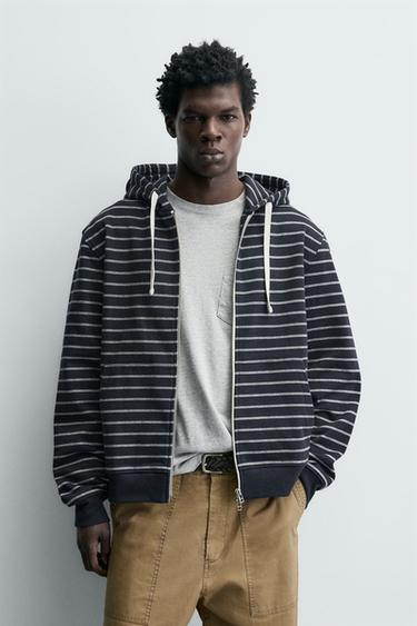 Zara STRIPED HOODIE SWEATSHIRT - Navy / White
