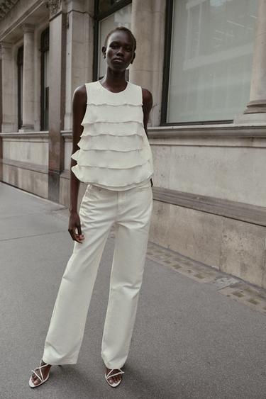 SATIN FRILL TOP - Ecru by Zara - Image 0