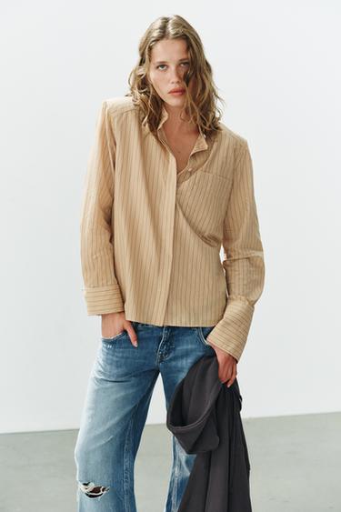 CHEMISE À RAYURES AVEC ÉPAULETTES - Marron clair de Zara - Image 2