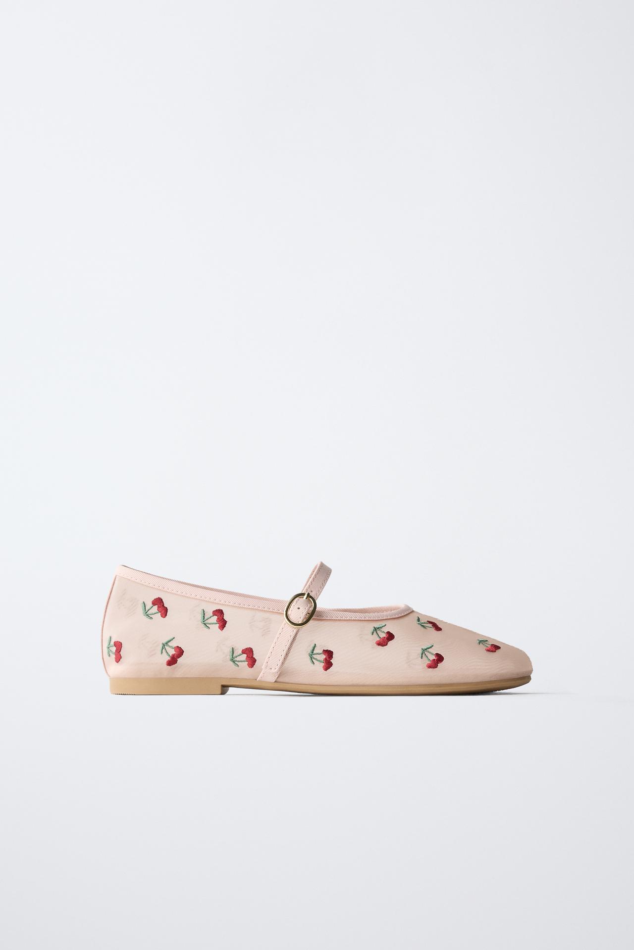 CHERRY EMBROIDERED BALLET FLATS — Pink