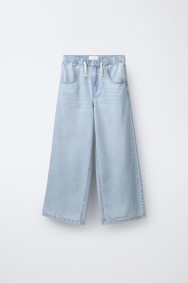 Zara WIDE LEG DRAWSTRING JEANS - Light blue