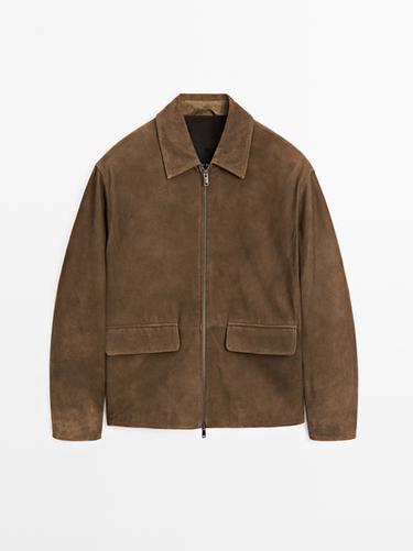Zara Napped suede jacket with faded detail - Dark brown