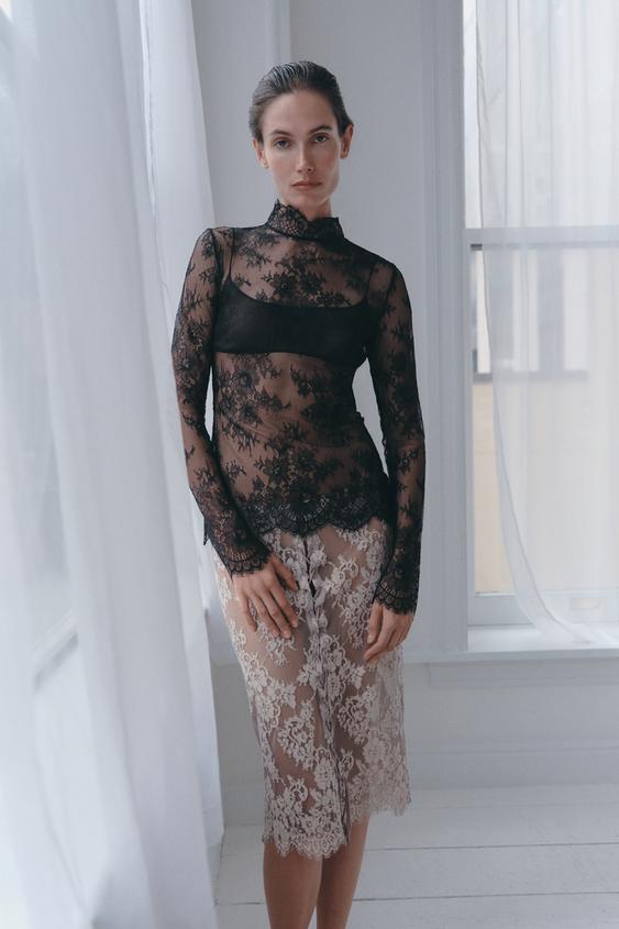 LACE HIGH NECK TOP - Black by Zara - Image 0