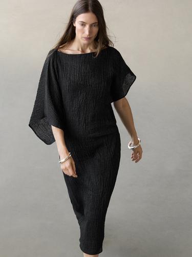 Zara Linen asymmetric sleeve midi dress - Black