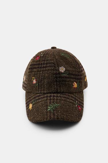 EMBROIDERED WOOL CHECK CAP - camel by Zara