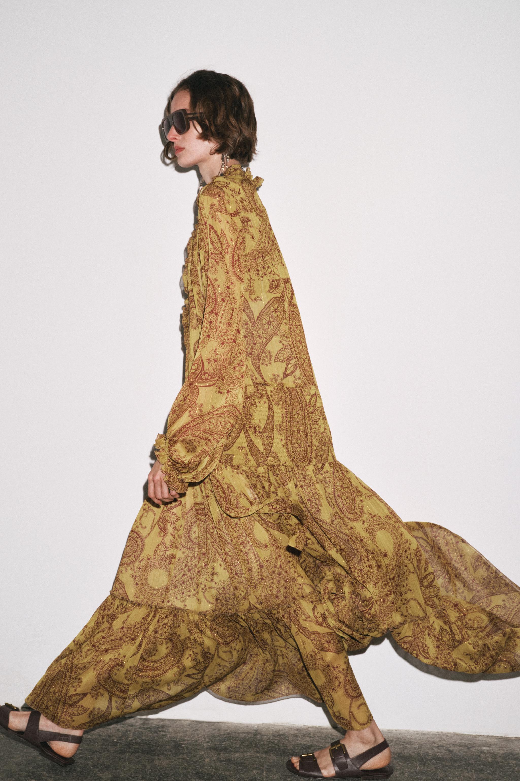ZARA ZW COLLECTION プリント柄ロングワンピース 3121/142 ZW COLLECTION LONG PRINT DRESS - Ocher | ZARA United States