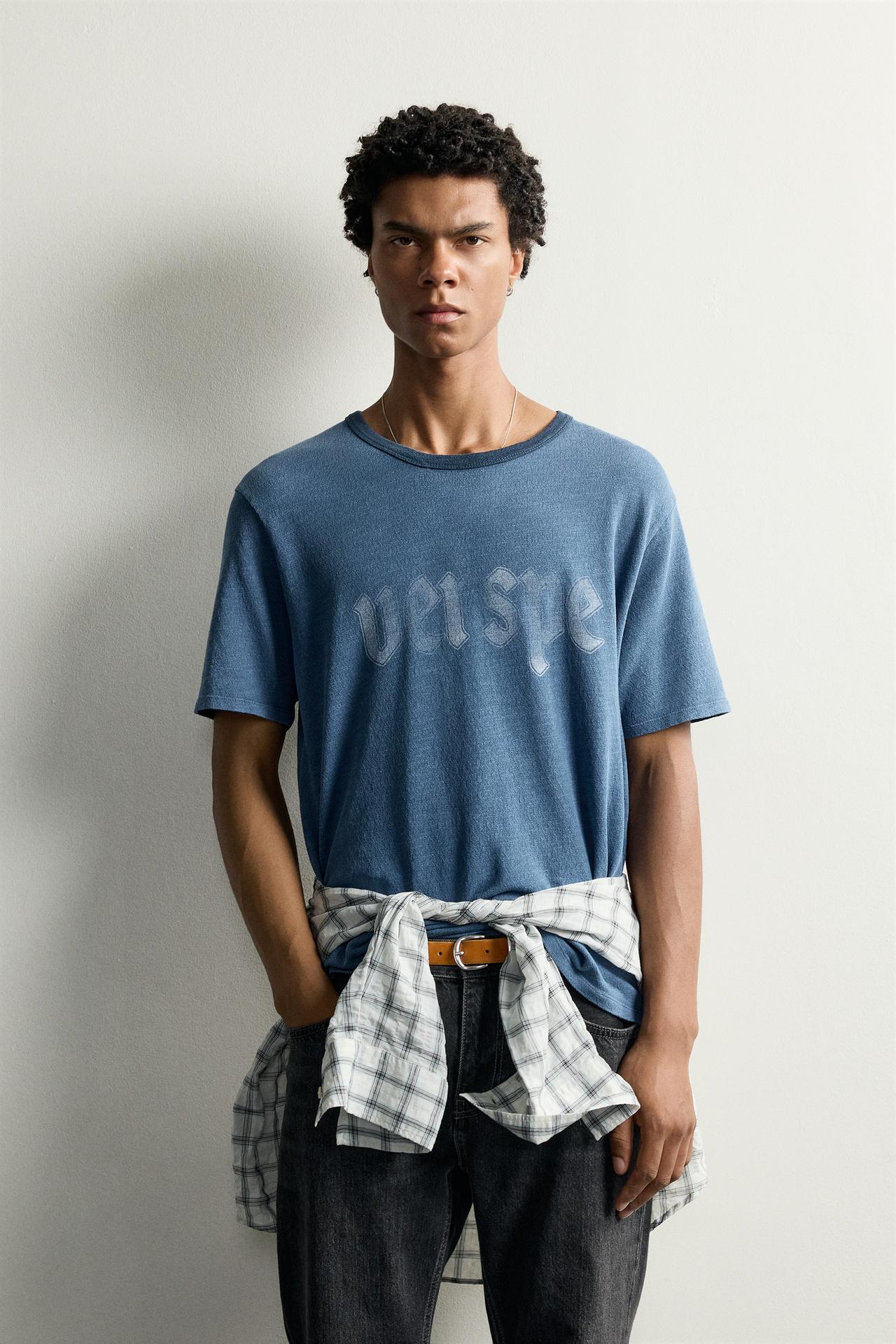 WASHED PRINTED KNIT T-SHIRT — Indigo