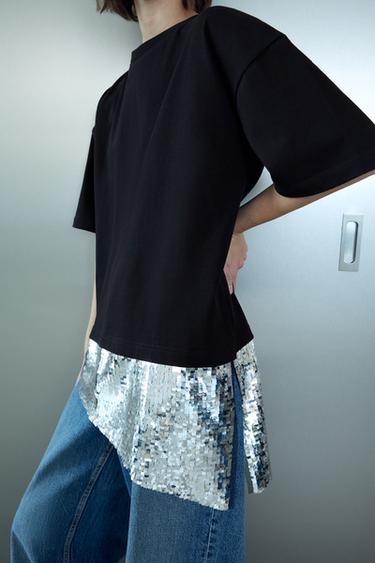 Zara ASYMMETRIC SEQUIN T-SHIRT - Black