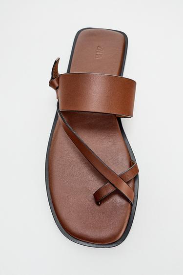 FLAT LEATHER STRAPPY SANDALS - Brown by Zara
