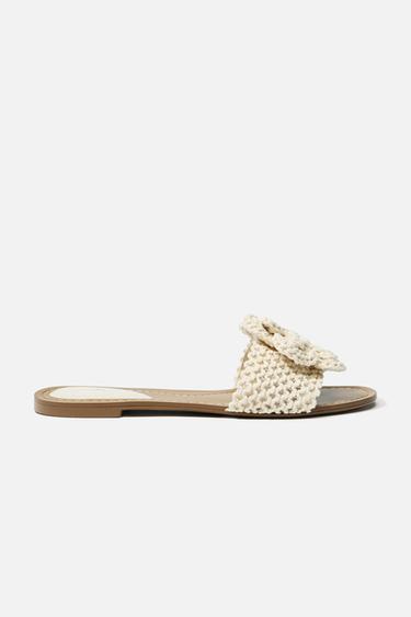 Zara CROCHET BOW FLAT SANDALS - Ecru