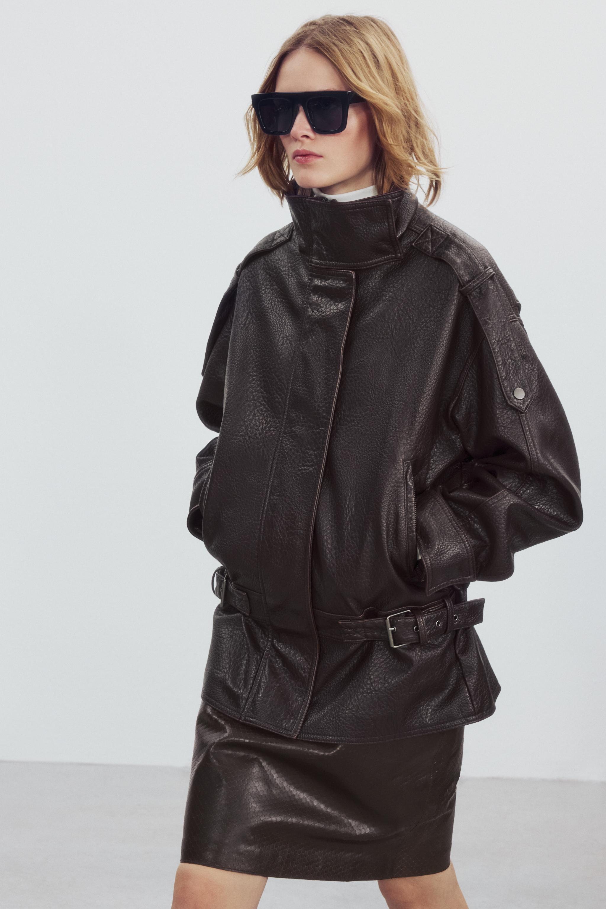 ZW COLLECTION LEATHER EFFECT BIKER JACKET - Dark burgundy | ZARA