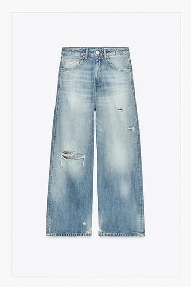 Zara TRF MID-RISE RIPPED BAGGY JEANS - Light blue