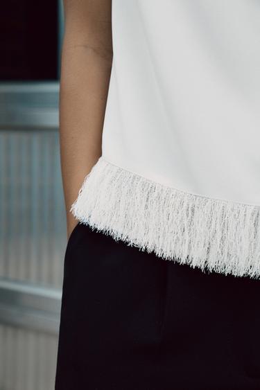TOP WITH SHOULDER PADS AND FRINGING - Ecru by Zara - Image 3