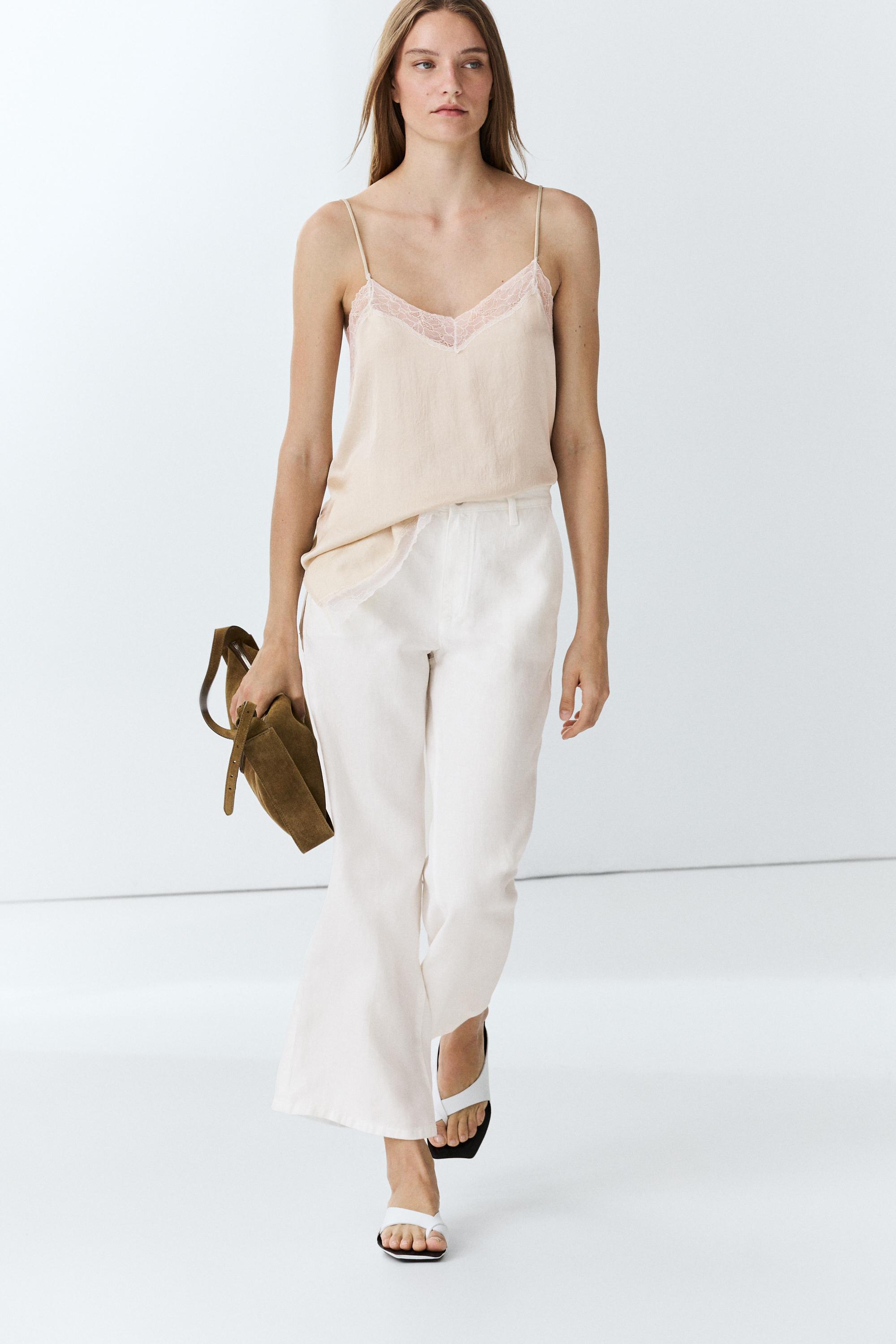 100% linen cropped flare fit pants — Oyster-white