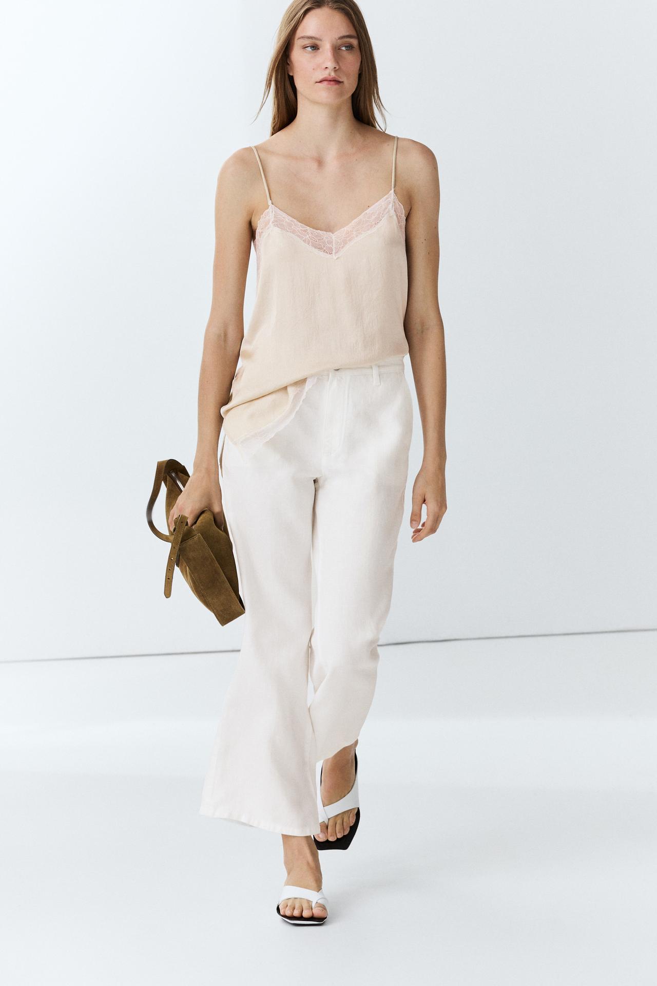 100% linen cropped flare fit pants — Oyster-white