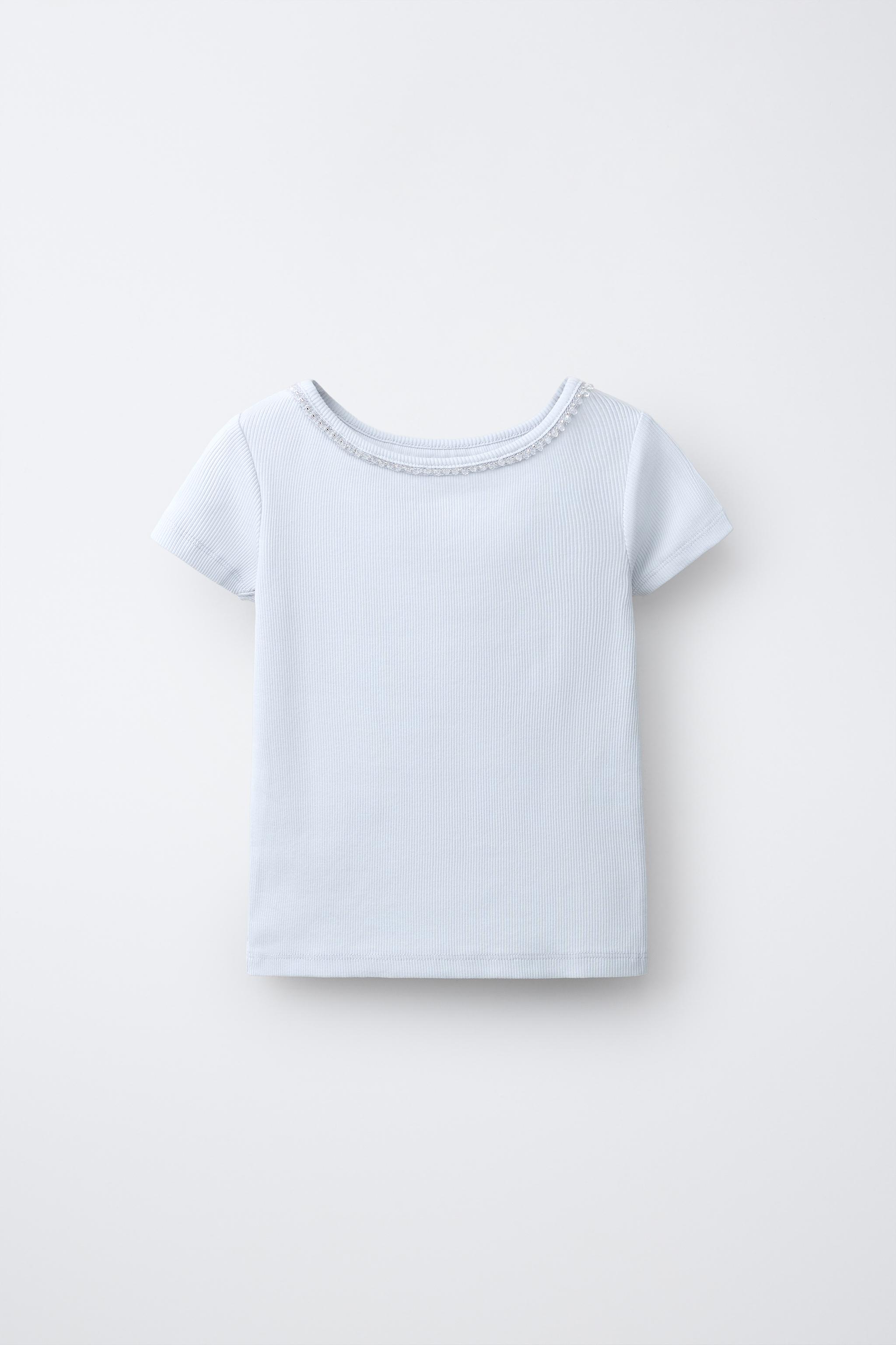 RIBBED T-SHIRT WITH JEWELS — Blue / Grey