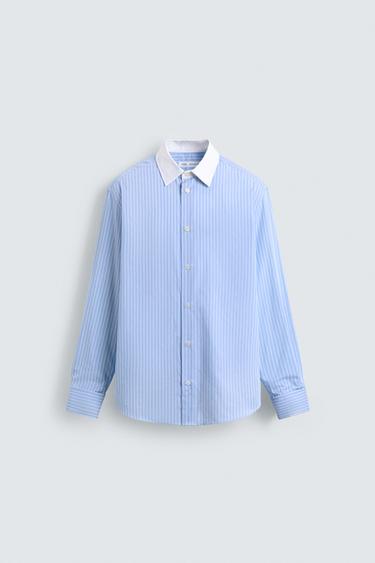 Zara STRIPED FRENCH CUFF SHIRT - Sky blue