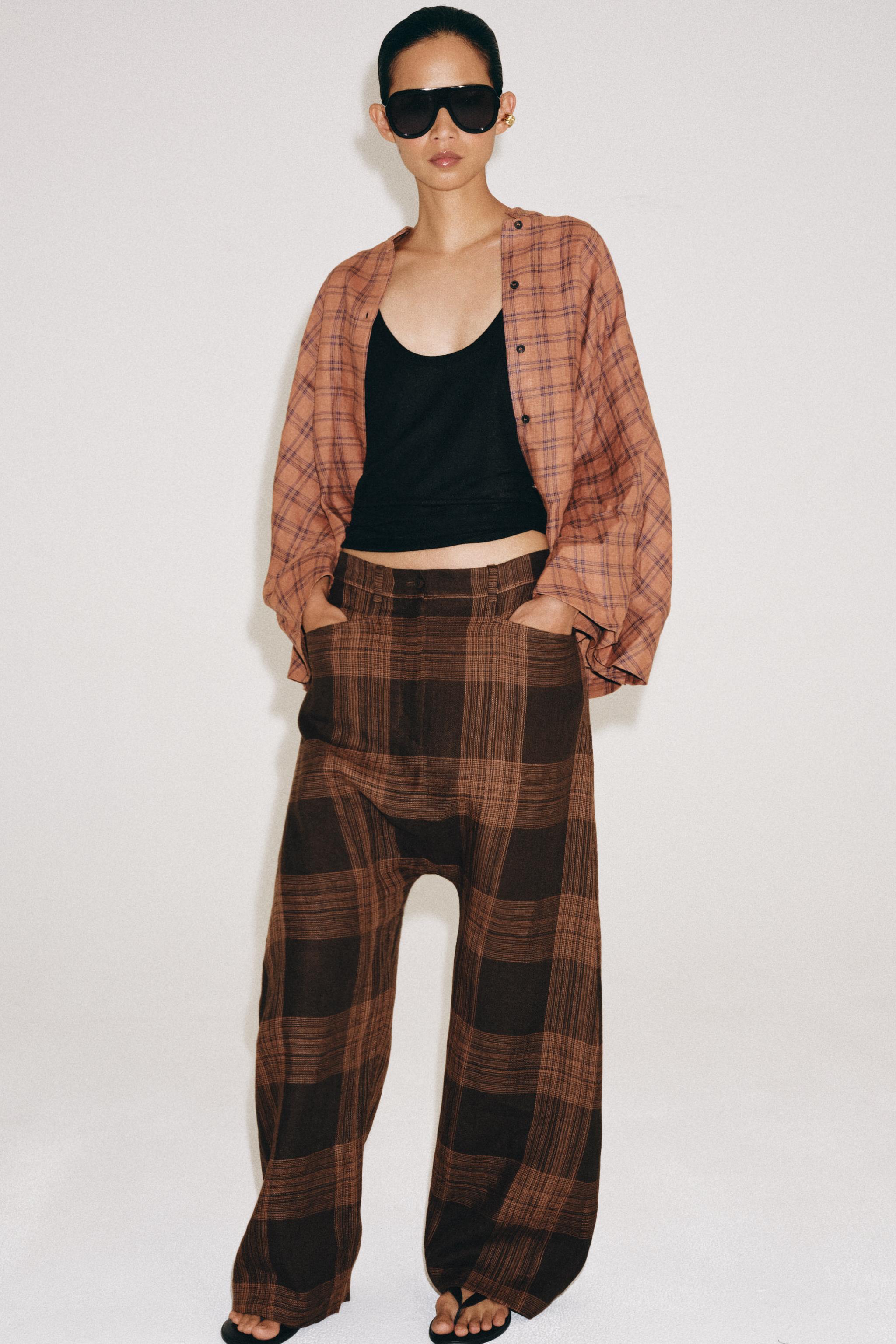 Zara ZW COLLECTION KARELİ KETEN PANTOLON görsel 5