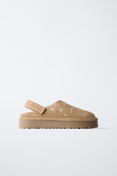 EMBROIDERED SHEEPSKIN CLOGS - Brown by Zara
