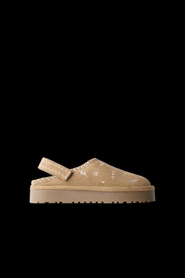 EMBROIDERED SHEEPSKIN CLOGS - Brown by Zara - Image 0