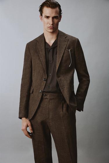 100% LINEN SUIT BLAZER - Dark brown by Zara - Image 4
