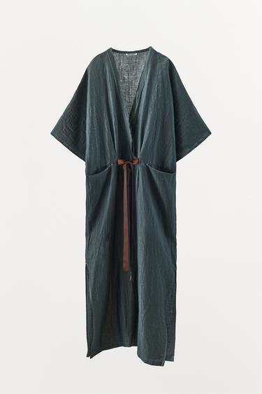 Zara CONTRAST TIED LINEN DRESS - Green / Blue