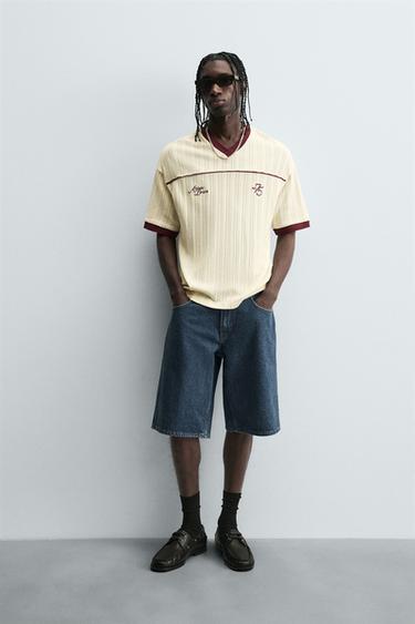 JACQUARD TEXTURED T-SHIRT - Burgundy by Zara - Image 0