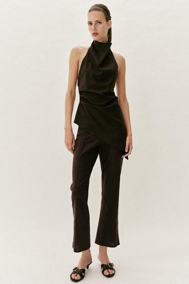 TOP HALTER CON LINO - Marrón oscuro de Zara