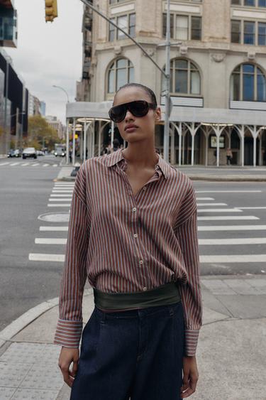 Zara OVERSIZED STRIPED POPLIN SHIRT - Brown-Blue