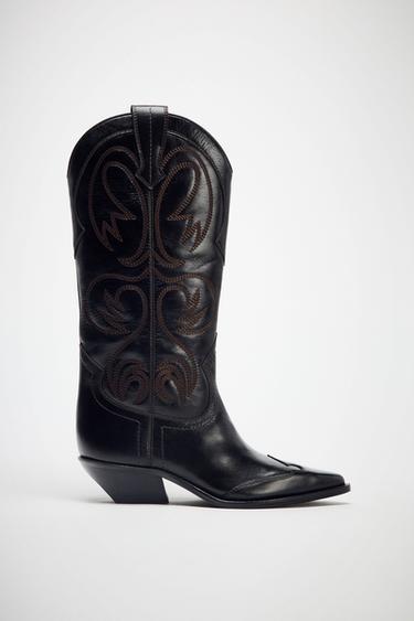 EMBROIDERED LEATHER COWBOY BOOTS - Black by Zara