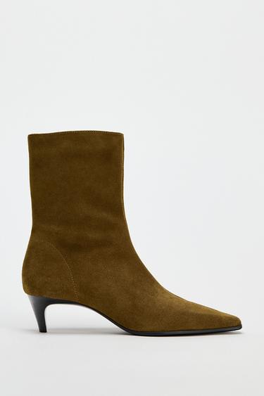 SPLIT SUEDE KITTEN HEEL ANKLE BOOTS - Olive Green by Zara