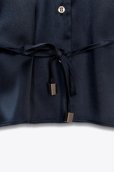 SATIN SHIRT WITH BELT - Navy blue by Zara - Image 8