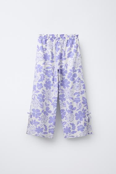 PRINTED STRAIGHT-LEG LINEN BLEND TROUSERS - Ecru / Blue by Zara