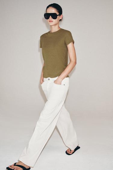 SHORT SLEEVE LINEN BLEND T-SHIRT - Dark olive by Zara