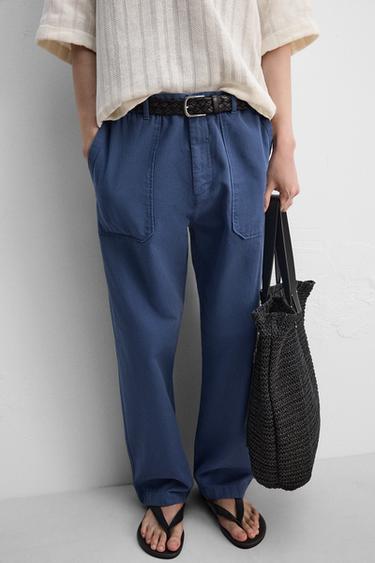 STRAIGHT-LEG CANVAS TROUSERS - Blue by Zara