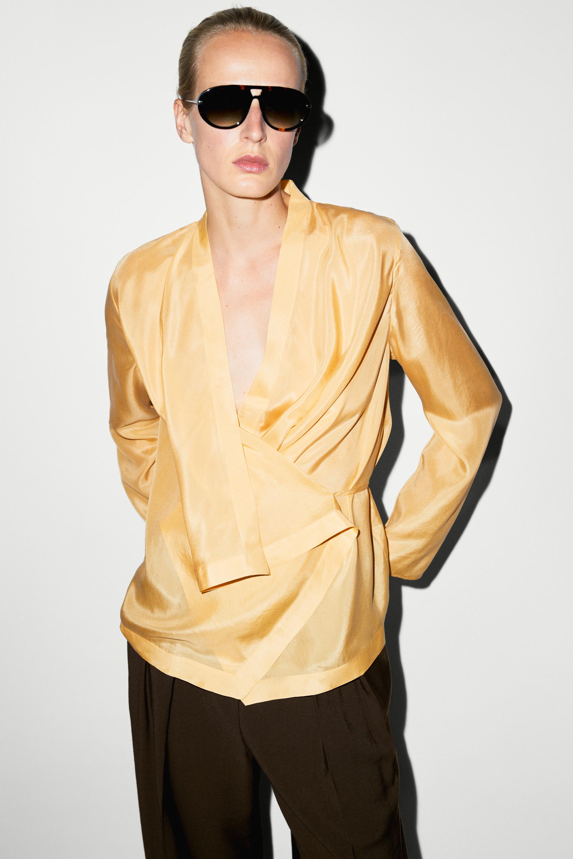 100% silk flowing wrap shirt — Pastel yellow