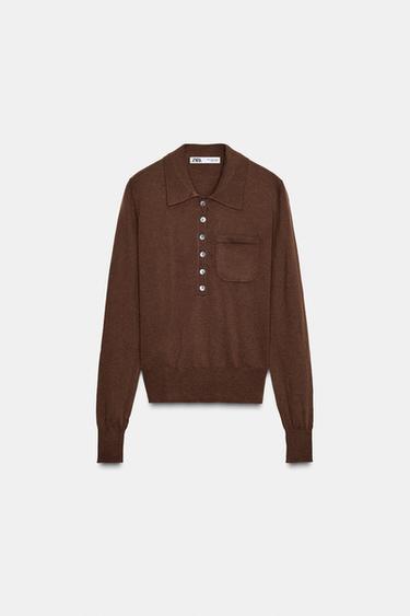 PULL POLO AVEC LAINE ET POCHE - chocolat de Zara - Image 6