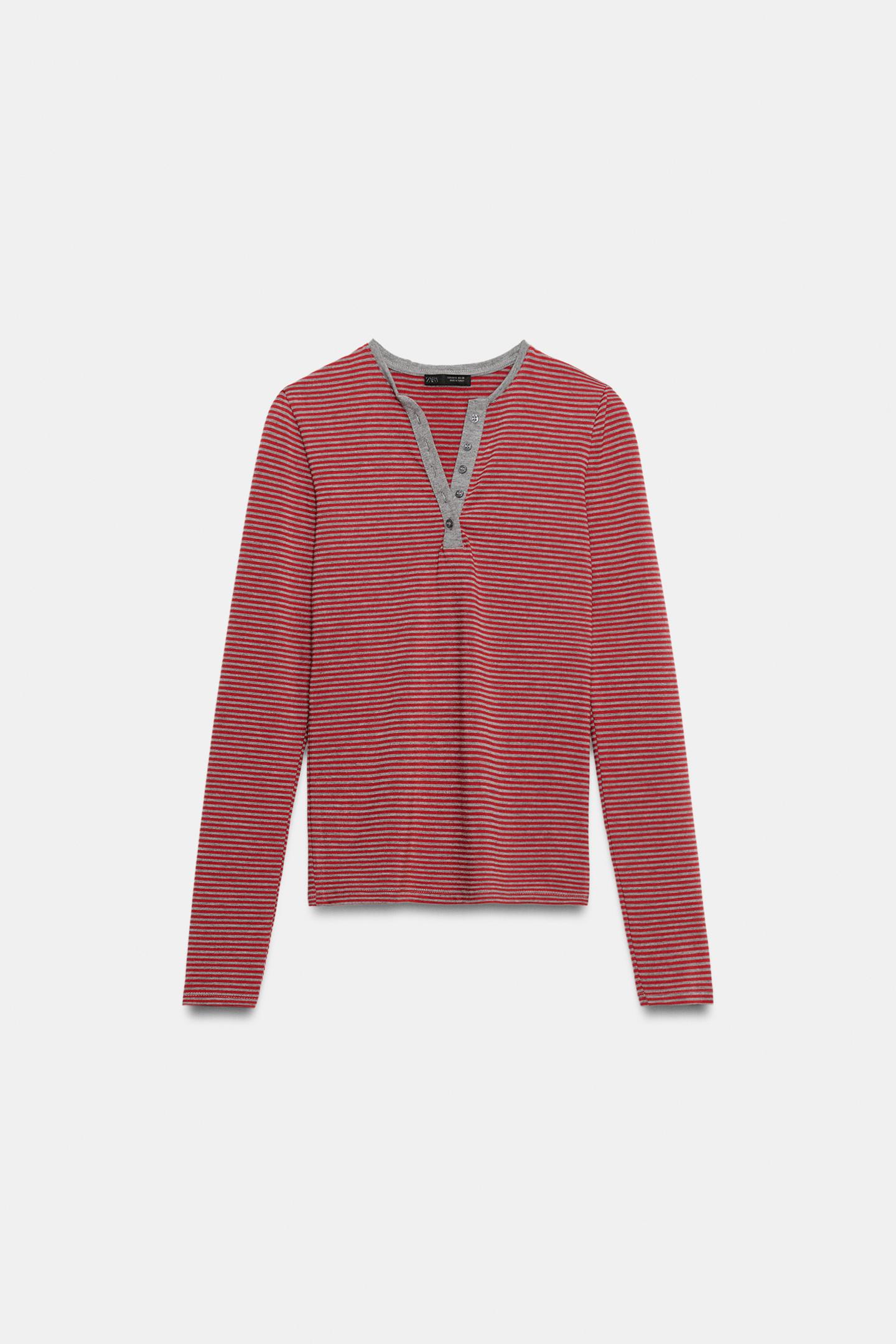 Женская футболка Zara Striped Henley, цвет: Полосатый — фото 5