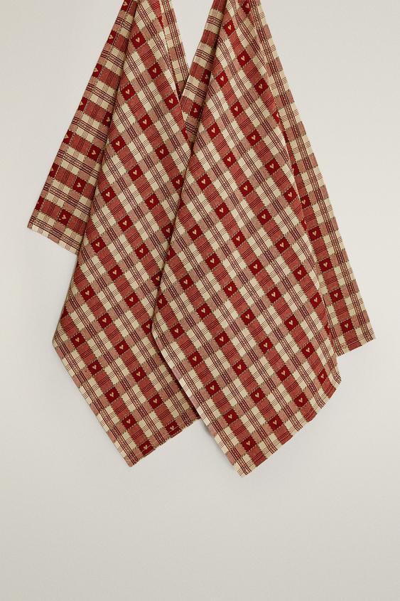 TORCHON COTON CARREAUX CŒURS NOËL (LOT DE 2) - Rouge de Zara - Image 0