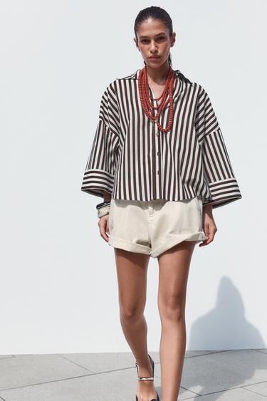 WIDE-SLEEVE LINEN BLEND SHIRT - brown/white by Zara