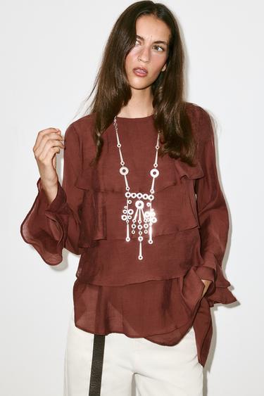 Zara ASYMMETRICAL RUFFLED BLOUSE - Brick