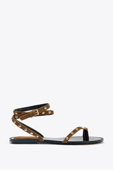 LEATHER STUDDED STRAPPY SANDALS - Brown by Zara