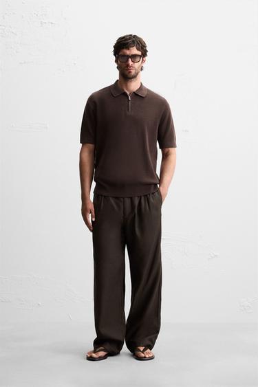 PEARL KNIT POLO SHIRT WITH ZIP - Chocolate by Zara